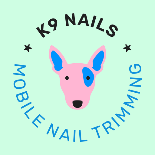 K9 Nails logo: a pink dog's head with blue markings
